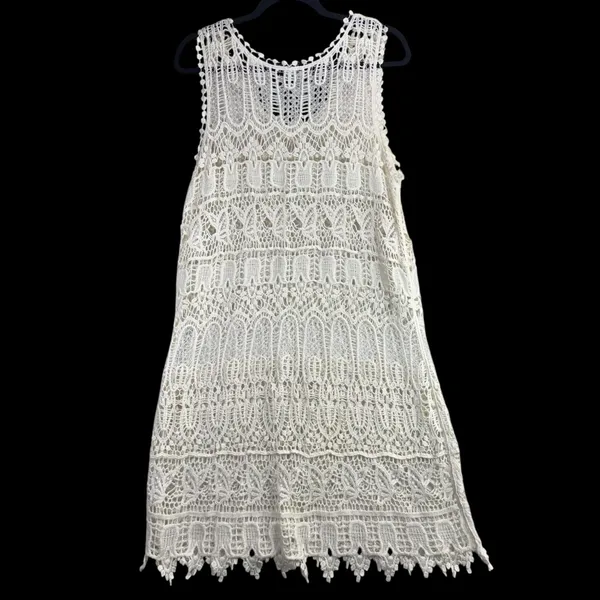 Asha OSFM Cream Crochet Lace Sleeveless Dress Cotton‎ Boho Beach Coverup - Image 3