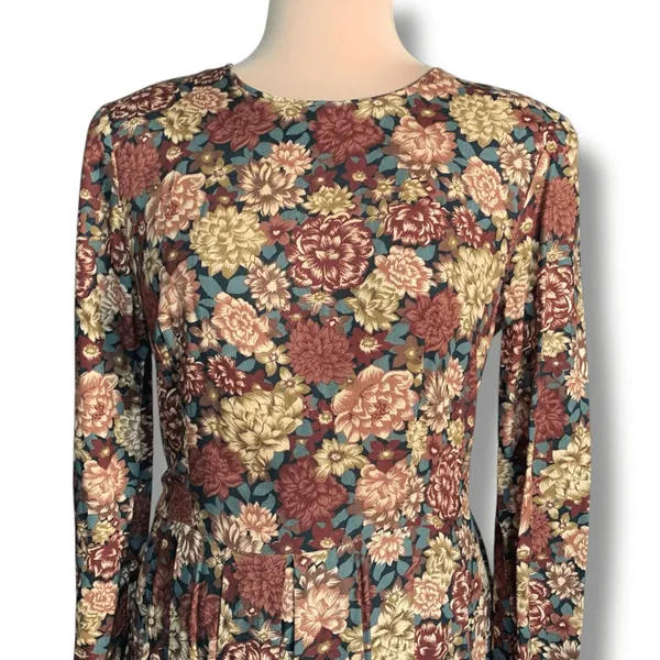 Vintage Brown Floral Midi Dress Long Sleeve Rayon Boho 90s‎ Grunge Size 10 Boho - Image 2