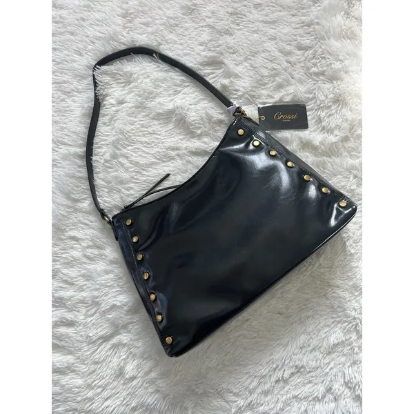 Crossi New York Black Shoulder Bag Faux Leather Studded Y2K Purse Gold Hardware - Image 3