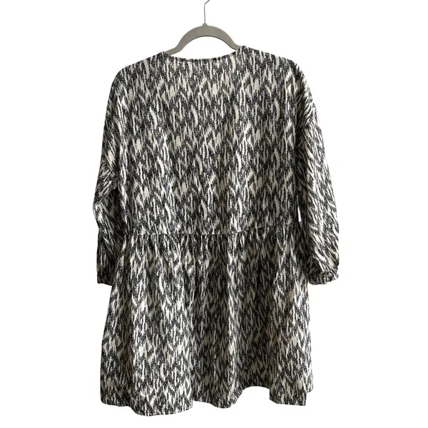 Zara Mini Dress Womens Medium‎ Black White Boho Embroidered V-Neck Ikat Babydoll - Image 5