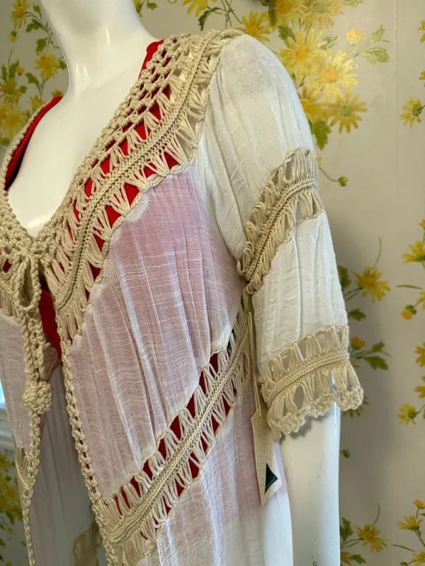 Dreamers Boho Fringe Crochet Trim kimono cardigan Swim Coverup in Cream size M - Image 6