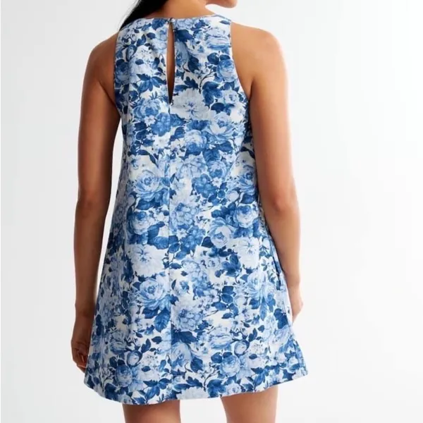 Abercrombie & Fitch High Neck Linen Blend Mini Dress Blue‎ White Floral XXS - Image 3