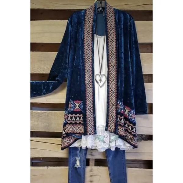 Boho Large L Crushed Velvet Kimono Embroidered Teal Open Front ANDREE By Unit - Image 3