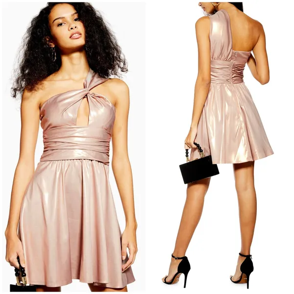 NWT TOPSHOP One Shoulder Cocktail Metallic Foil Mini Dress Gold Pink Size 2 - Image 2