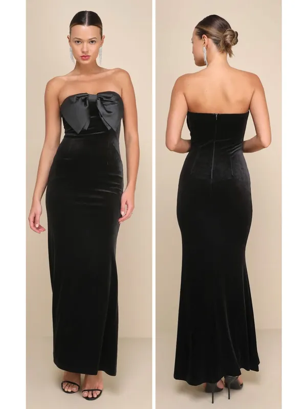 Lulus Dramatic Stunner Black Velvet Bow Strapless Maxi Dress Size XXL old money - Image 2