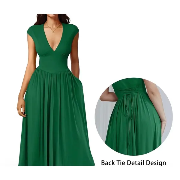 NWT OYS Size XXL Deep V Neck Cap Sleeve Pleated A Line Midi Dress Pocket Green - Image 2