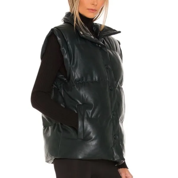 BlankNYC Easy Street Faux Leather Puffer Vest Green Quilted Snap Front Small - Image 2