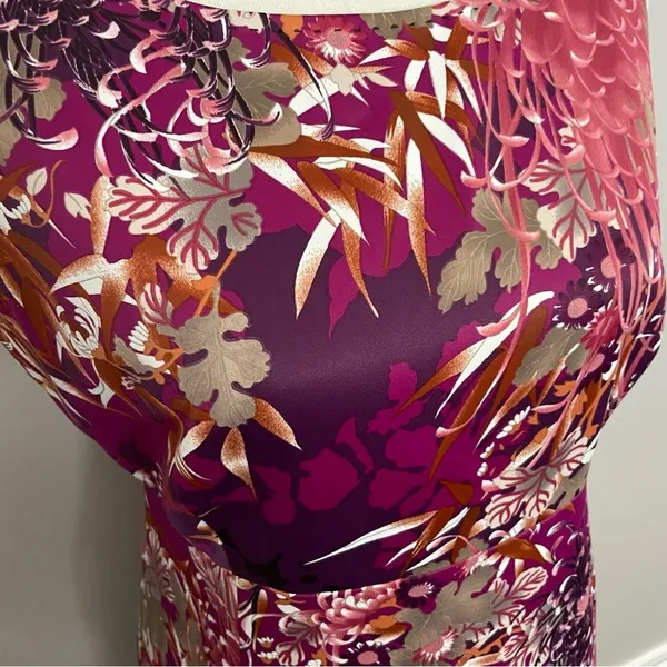 Tahari Dress Sheath Floral Botanical Leaves Lined Sleeveless Fuchsia Pink Purple - Image 3