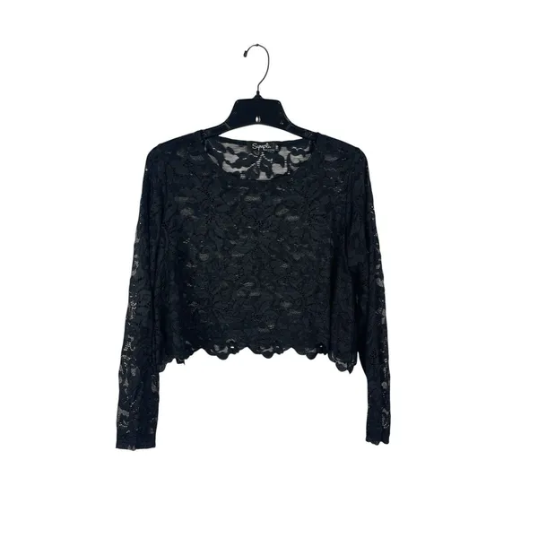 Sympli Women’s 10 Sheer Black Floral Lace Top Long Sleeve Cropped Scalloped Hem - Image 2