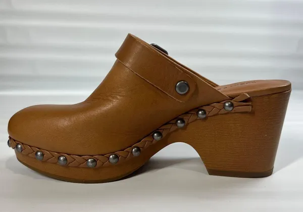 Lucky Brand Clog Heels Tan Leather Studded Braided Trim Slip-On Mule Sandals 7.5 - Image 6