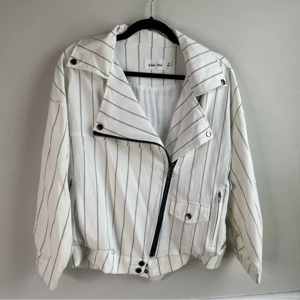 Anthropologie Line and dot white striped‎ moto zip up jacket size medium - Image 2