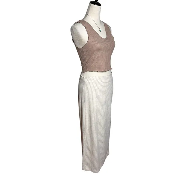 Miou Muse Linen Blend Ruched Midi Skirt M‎ Striped Minimalist Neutral Old Money - Image 6