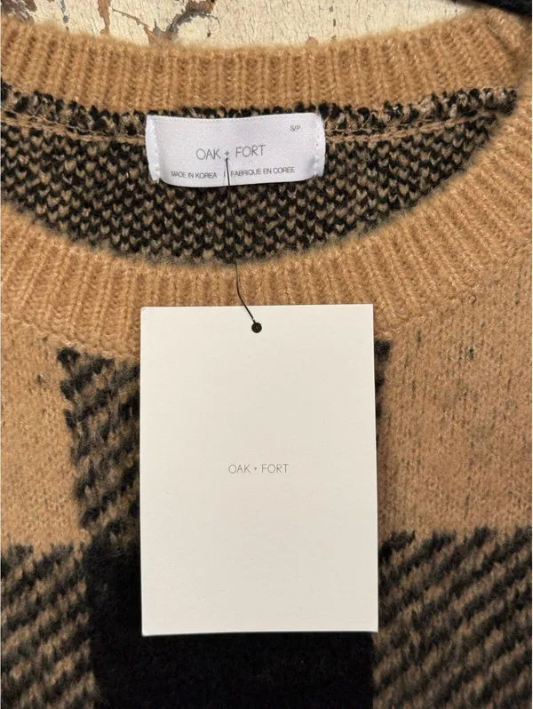 NWT Oak + Fort Checkered Crewneck Sweater Size Small Black & Tan - Image 3
