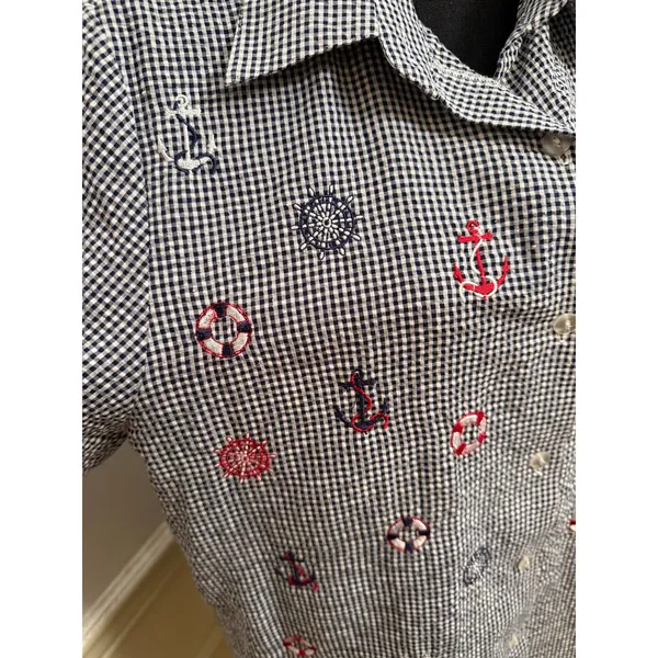 Vintage Bonworth Cottagecore Coastal Gingham Short Sleeve Button Up Embroidered - Image 3