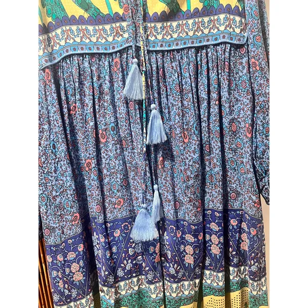 R. Vivimos Blue Peacock Floral Boho Tassel Midi Peasant Dress XL - Image 3