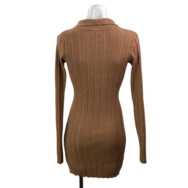 Isalis Women's Brown Long Sleeves Ribbed Button Front Bodycon Mini Dress Size S - Image 3
