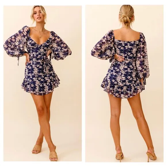 NWT Petal & Pup Navy Floral Mini Dress Size Small Long Sleeve Aline Ruffle - Image 2