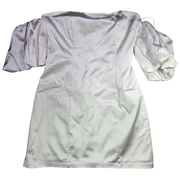 Abercrombie & Fitch Silver Satin Off the‎ Shoulder Puff Sleeve Mini Dress Large - Image 2