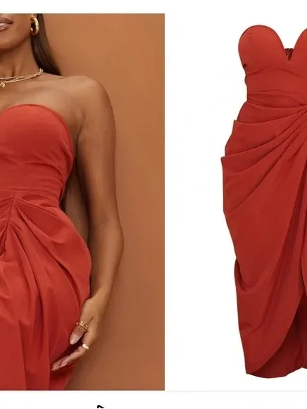 PrettyLittleThing Strapless Sweetheart Ruched Midi Dress in Rust Size 6 - Image 2
