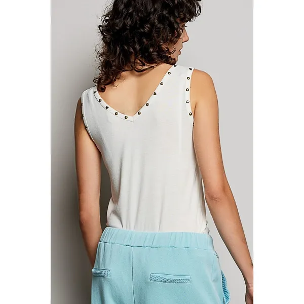 POL Studded Trim Button-Front Ruffle Detail‎ Tank - Cream - Medium - Image 4