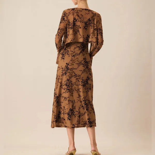 Rihoas Brown Floral Two-piece Midi Dress - Image 4