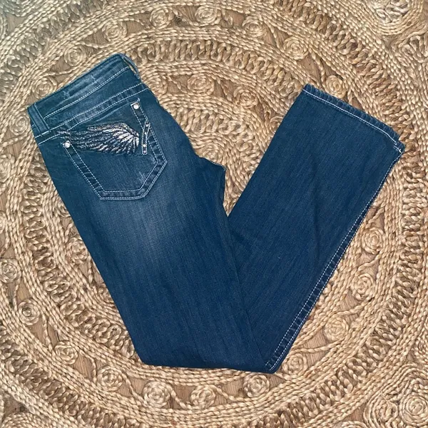 Women's MissMe 31 straight Blue Jeans with Wing Embroidery - Image 3