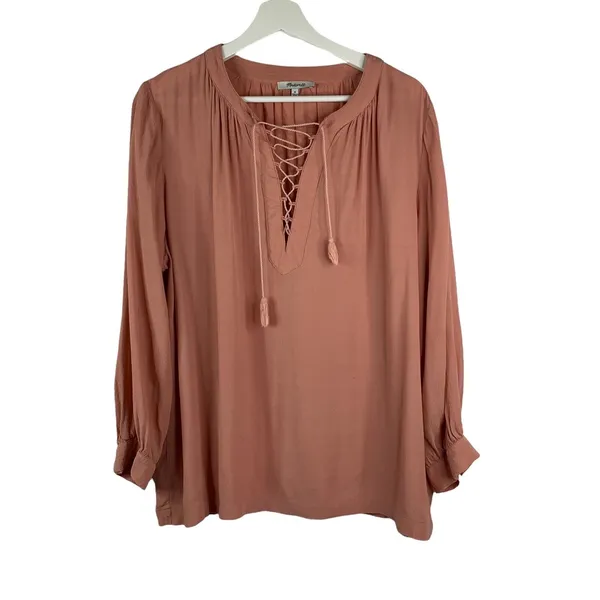 Madewell Size M Blouse‎ Lace Up Front Detail Long Sleeve Dusty Rose Top Women - Image 3