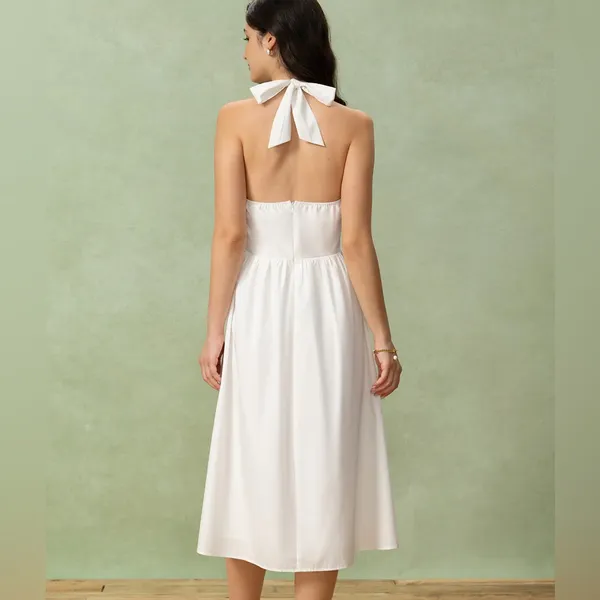 Rihoas White Embroidery A-Line Halter Midi Dress - Image 5