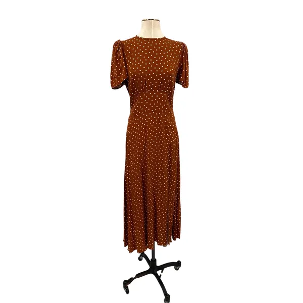 AFRM Jamie Open‎ Back Midi Dress Brown White Polka Dot Puff Sleeve Size Medium - Image 2