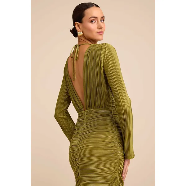 Lulus Seren Olive Green Plisse Surplice Maxi Dress Formal Long Sleeve Small NWT - Image 3