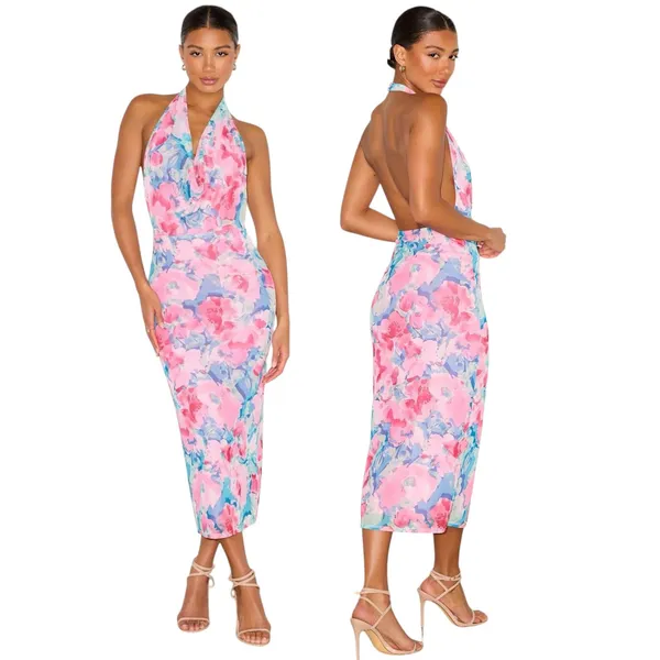 Lulus Venus Teal and Pink Floral Mesh Backless Midi Dress size Large NWT - Image 2
