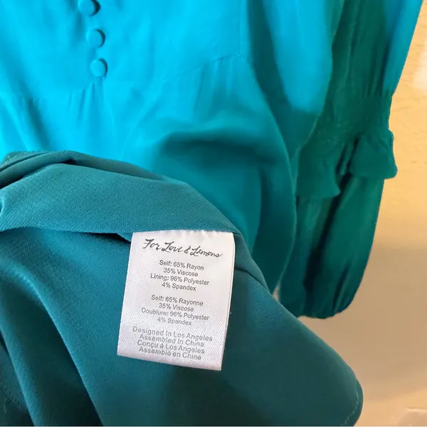 For Love & Lemons Teal Blue Ruffle Long Sleeve Mini Peasant Dress Womens Size M‎ - Image 5
