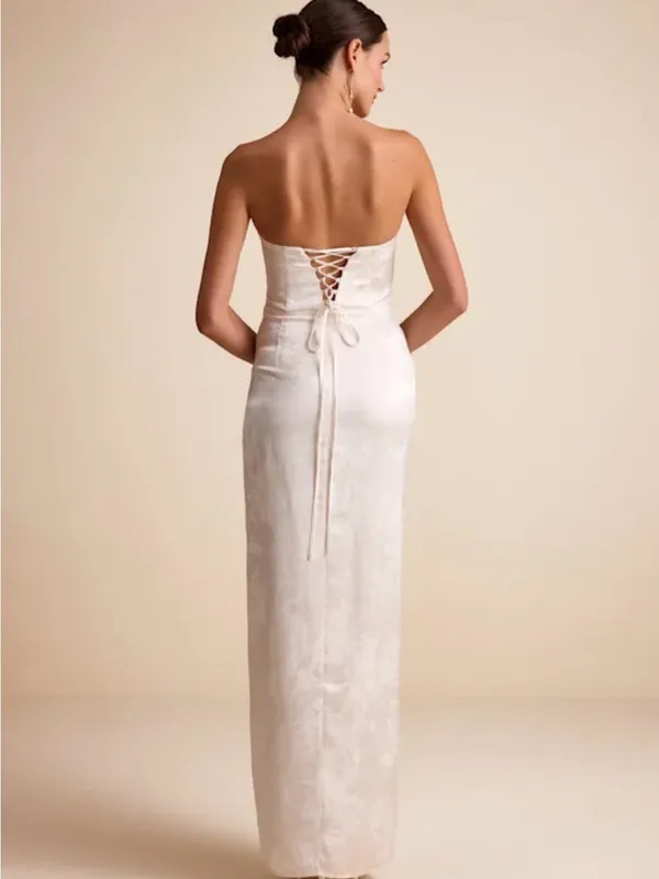Lulu's Ivory Strapless Satin Twist Gown with High Slit - Image 3
