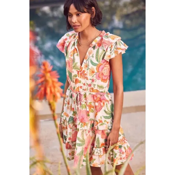 Farm‎ Rio Macaw Bloom Off-White Tropical Floral Cotton Mini Dress XS - Image 4