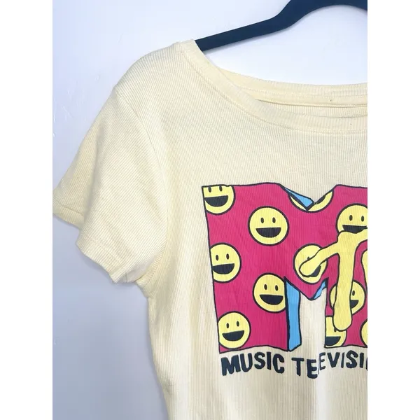 MTV Graphic Tee Women's Large Butter Yellow Ribbed Smiley Face Y2K‎ Retro Music - Image 5