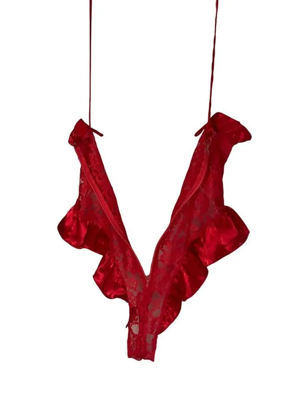 Victorias Secret Red Lace Teddy Ruffled Satin Trim Spaghetti Straps gold label - Image 3