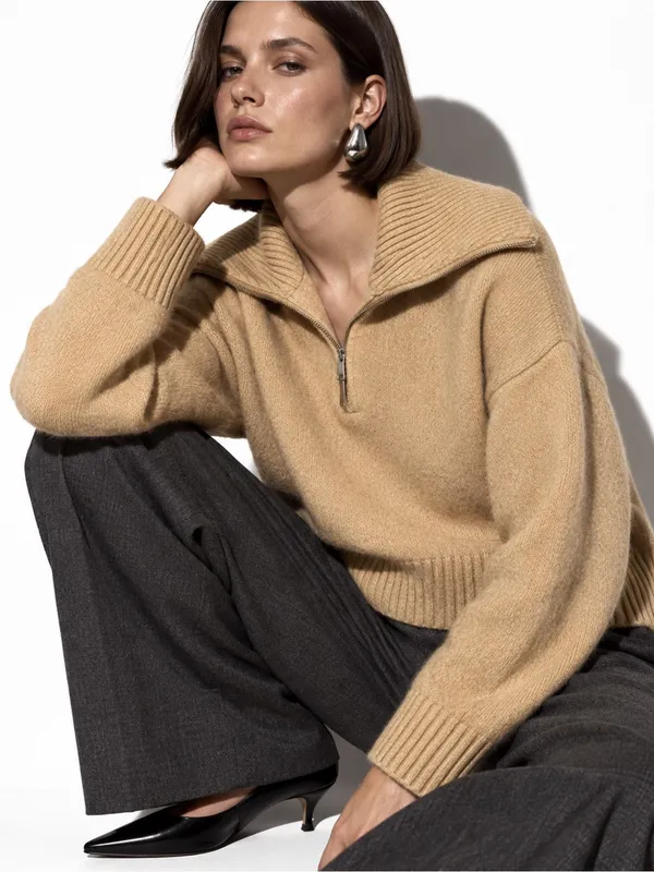 Bershka Beige Quarter Zip Oversized Collar Knit Sweater Pullover Fall Medium - Image 8