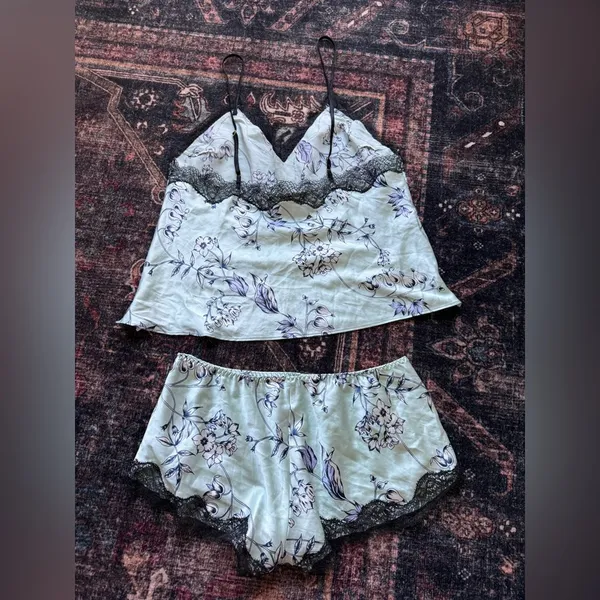 Victorias Secret Satin Pj’s lounge Floral Lace‎ blue Sleepwear Set cami shorts - Image 5