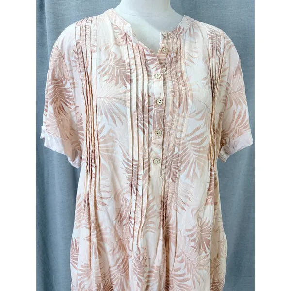 Faherty Linen Blend‎ Palm Print Pintuck Henley Shift Dress Peach Cream XXL - Image 2