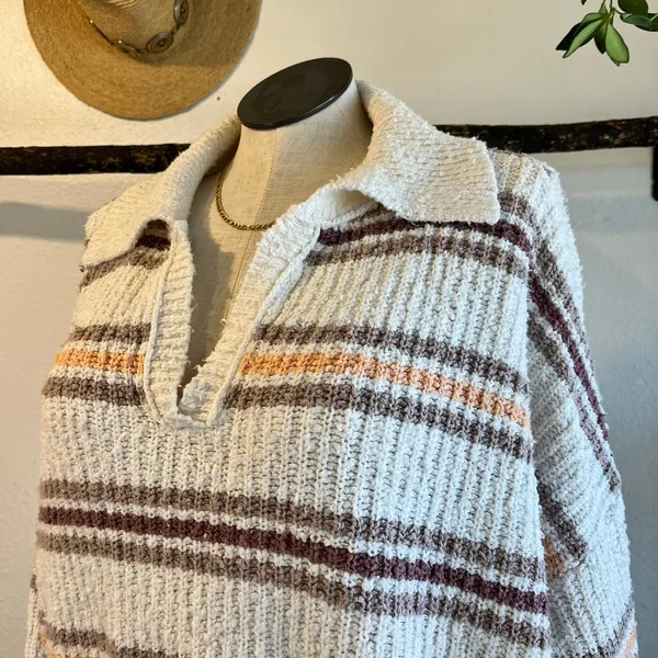 Free People Kennedy Striped Collared Cropped Chunky Knit Sweater Size Large - Image 9