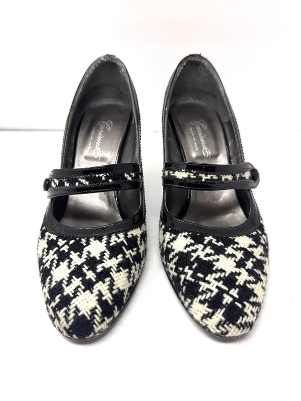 CARISMA black/white houndstooth fabric & leather Mary Janes, Italy, size 8.5 - Image 2