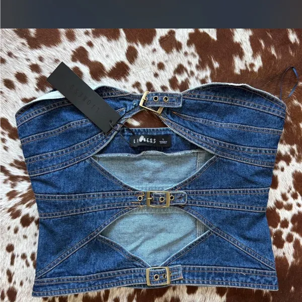 Princess Polly Lioness blue denim cut out corset top - Image 2