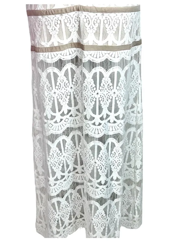 Ecru Split Front Lace Maxi Dress M Cage Spaghetti Straps Prom Beach Wedding - Image 11