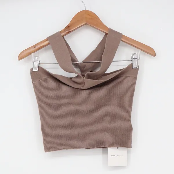 SHEIN Basics Taupe Brown Ribbed Twisted Front Halter Crop Top M - Image 2