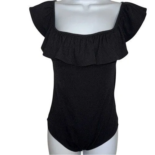 EXPRESS Black Ruffle Neck Ribbed Cap Sleeve Cap‎ Sleeve Bodysuit NWOT Small - Image 2