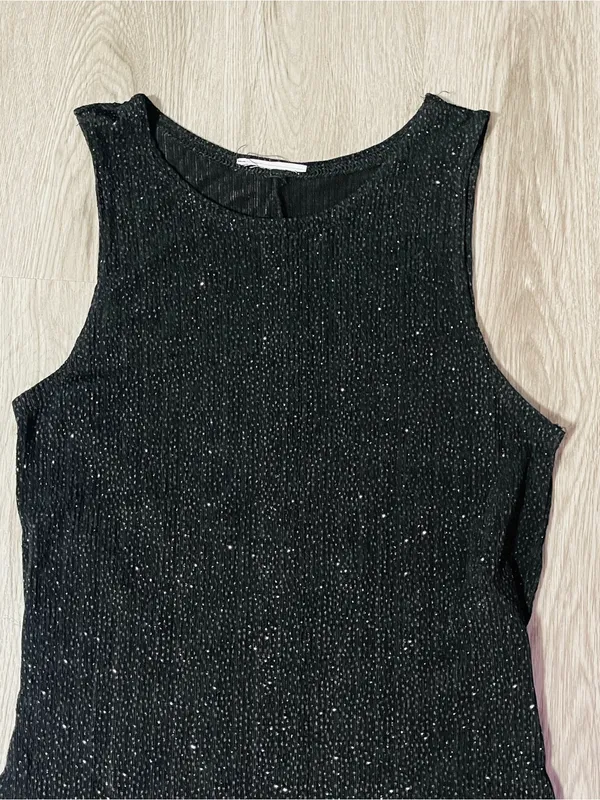 Vintage Y2K Little Black Sparkle Dress Sz XS Slinky Glitter Formal Wedding Guest - Image 3