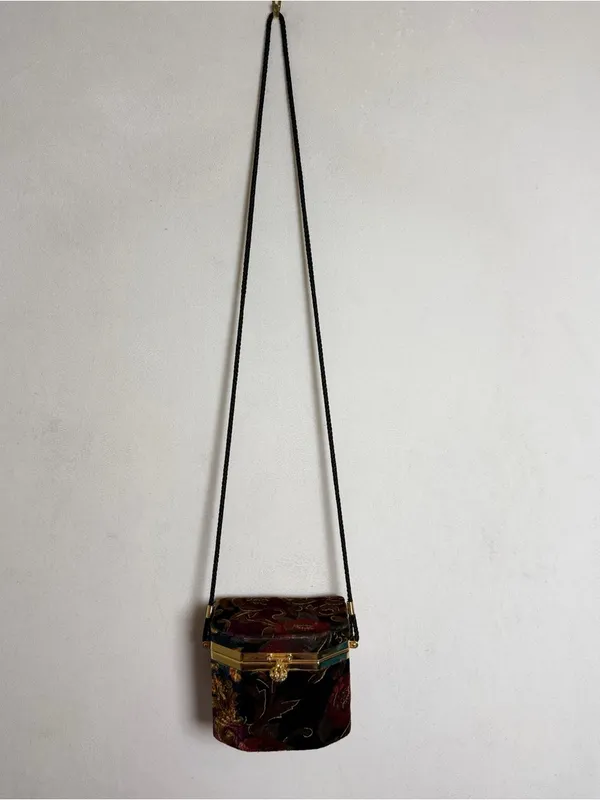 Floral Velvet Hard Case Box Purse Crossbody Evening Bag Gold Frame Mirror - Image 2