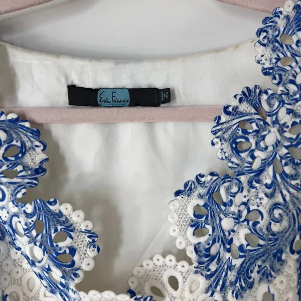 Anthropologie Eva Franco Blue White Starflower Scalloped Lace Mini‎ Dress Size 2 - Image 8