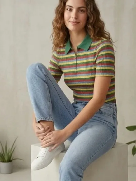 ZARA Multi-Colored Striped Ribbed Knit Polo Zip-Up Shirt Size M - Image 5