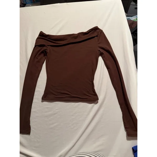 QINSEN Brown Off The Shoulder Long Sleeve Top Stretchy Bodycon Small - Image 2